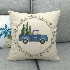 Christmas Throw Pillow Cover Linen Cotton Retro Truck Xmas Tree Wreath Decorative Cushion Case For Sofa Home Farmhouse Holiday