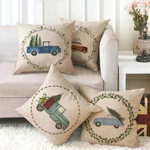 Set of 4 linen Christmas cushion covers featuring vintage trucks and wreaths for sofa decor