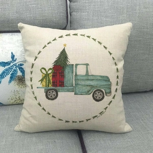Cartoon vintage pickup truck with Christmas tree on a linen blend square pillow cover
