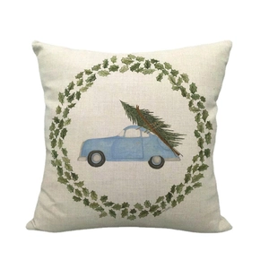 Linen Christmas pillow case with blue car and tree wreath on cream background