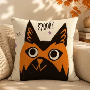 Halloween Spooky cartoon cat cushion cover made of linen fabric with purple star accents