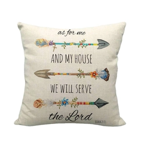 Linen pillowcase with Joshua 24:15 scripture and bohemian arrows on white background