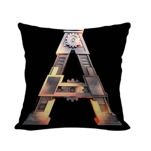 Fodera per cuscino in lino nero con lettera A 3D industriale in stile steampunk e ingranaggi