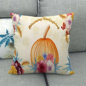 Watercolor pumpkin cushion cover with Blooming Thanksgiving print on linen fabric