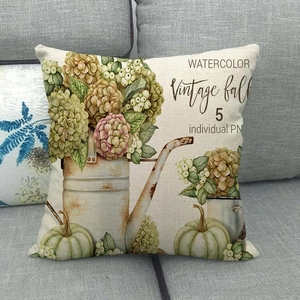 Vintage Fall linen pillowcase with watercolor pumpkin and floral prints for home decor