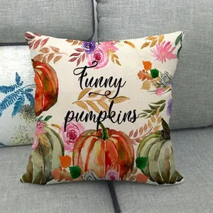 Watercolor pumpkin linen pillowcase with Funny Pumpkins print for Autumn Fall decor