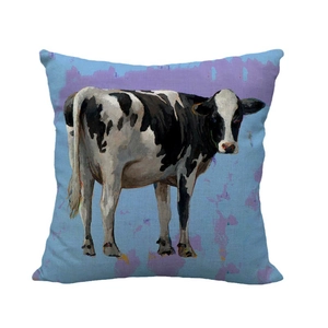 Artistic oil painting cow pattern square linen throw pillow cover with blue sky background