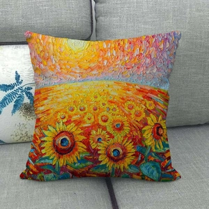 Artistic linen sunflower oil painting style square throw pillow cover on a grey sofa