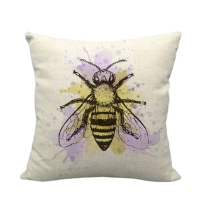 Square linen throw pillow featuring honey bee print with purple watercolor accents