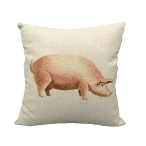 Linen throw pillow cover featuring a watercolor pink pig art print on a beige background
