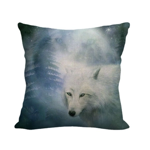 Square cushion cover with dark wolf and forest moonlit night illustration on white background