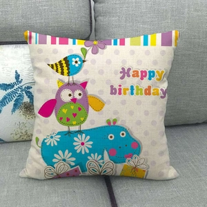 Linen square pillowcase featuring cartoon owls and hippo with Happy Birthday text