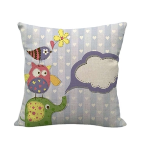 Cartoon owl and elephant print linen throw pillow cover with blue stripes on white background