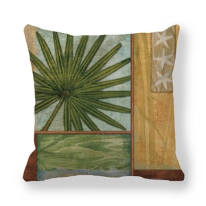 Detailed close-up showing the linen fabric texture and tropical palm leaf pattern on pillowcase
