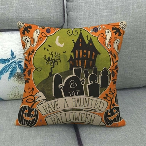 Halloween throw pillow cover featuring vintage cemetery and haunted castle illustrations