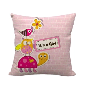 Pink linen cushion cover with cartoon owls and It's a Girl text for baby shower decor