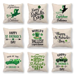 Set of nine St. Patrick's Day linen pillowcases featuring green clover and truck prints