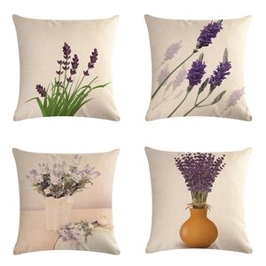 Vierer-Set Kissenbezüge aus Leinen mit violettem Lavendel-Landschaftsdesign auf Beige