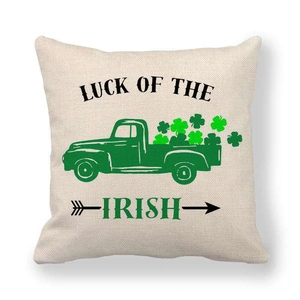 Macro detail of linen texture on St. Patrick's Day pillow cover with Irish luck print