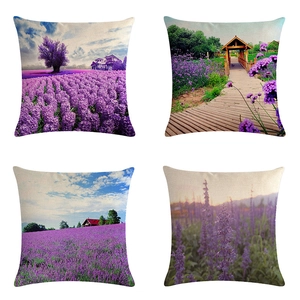 Vierer-Set Kissenbezüge aus Leinen mit lila Lavendel-Landschaftsmotiv für Wohnzimmer