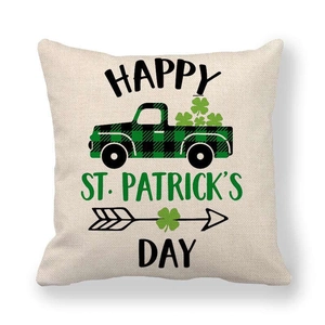 Close-up of linen pillowcase featuring St. Patrick’s Day truck and shamrock print