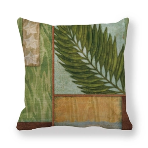 Vintage green leaf linen cushion cover with tropical palm and beige stars print