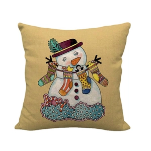 Linen Christmas pillow case with cartoon snowman illustration and Joy text on beige fabric