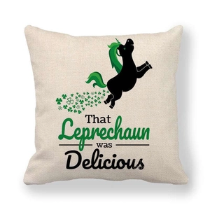 Linen St. Patrick's Day pillow cover with funny unicorn and green clover print