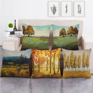 Landscape Oil Painting Linen Throw Pillow Case Autumn Tree Forest Print Square Decorative Cushion Cover For Sofa Home Decor