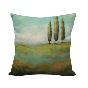 Linen pillow cover with oil painting style autumn landscape and cypress trees scenery