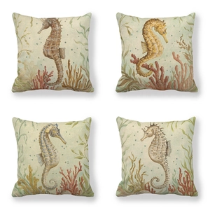 Fodera per Cuscino in Lino con Vita Marina Vintage Copricuscino Quadrato con Stampa di Ippocampo e Corallo per Arredamento Casa