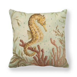 Fodera per cuscino vintage in lino con stampa cavalluccio marino e coralli oceanici