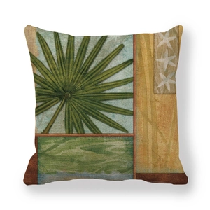 Housse de coussin en lin avec imprimé feuille de palmier verte et étoiles de mer