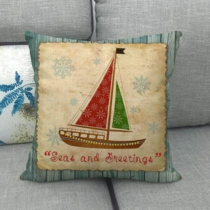 Leinen Kissenbezug mit Segelboot und Seas and Greetings Text im Vintage Stil