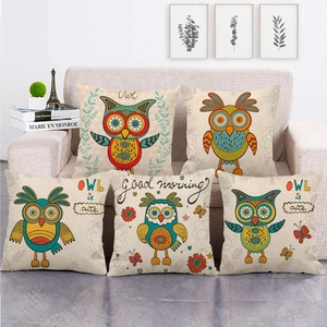 Housse de Coussin Décorative Série Hibou en Lin et Polyester Carrée pour Canapé Voiture Bureau Sans Rembourrage
