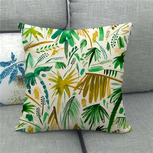 Detailed texture of tropical monstera leaf print on breathable linen pillowcase fabric