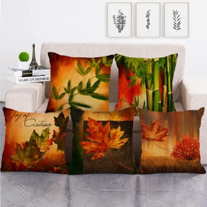 Set of 5 square linen pillow covers with artistic oil painting bamboo and leaf patterns