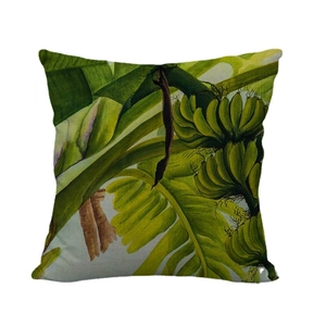 Linen pillowcase featuring tropical banana leaf and fruit watercolor illustration