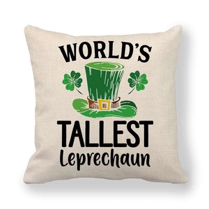 St. Patrick's Day linen cushion cover featuring green leprechaun hat and clover pattern