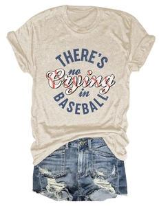 Detailansicht des Baseball-Slogans auf dem beigen Damen-T-Shirt mit Rundhalsausschnitt