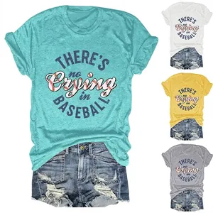 Damen Casual Baumwollmischung T-Shirt There's No Crying In Baseball Buchstaben-Druck Rundhals Kurzarm Lockere Passform Sommer Top