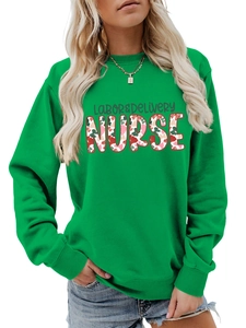 Detail of green labor delivery nurse sweatshirt with floral pattern lettering