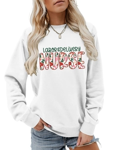 Detail of floral Labor and Delivery Nurse print on white cotton crewneck sweatshirt