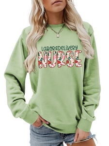 Detail of floral Labor & Delivery Nurse print on soft mint green crewneck sweatshirt