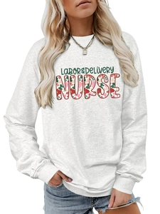 Detailed view of grey sweatshirt featuring floral Labor & Delivery Nurse printed text