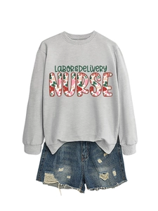 Detail of labor and delivery nurse crewneck sweatshirt with denim shorts set