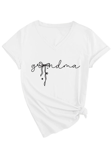 Detail view of the V-neck cotton T-shirt featuring grandma print and a side knot accent