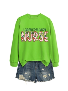 Detailed flat lay of Labor & Delivery Nurse crewneck sweatshirt and denim shorts