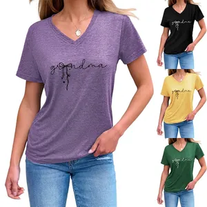 Grandma Letter Print Women V-Neck T-Shirt Cotton Blend Short Sleeve Bow Graphic Casual Loose Summer Top