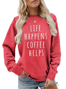 Detail of ribbed cuffs and Life Happens Coffee Helps print on rust red sweatshirt
